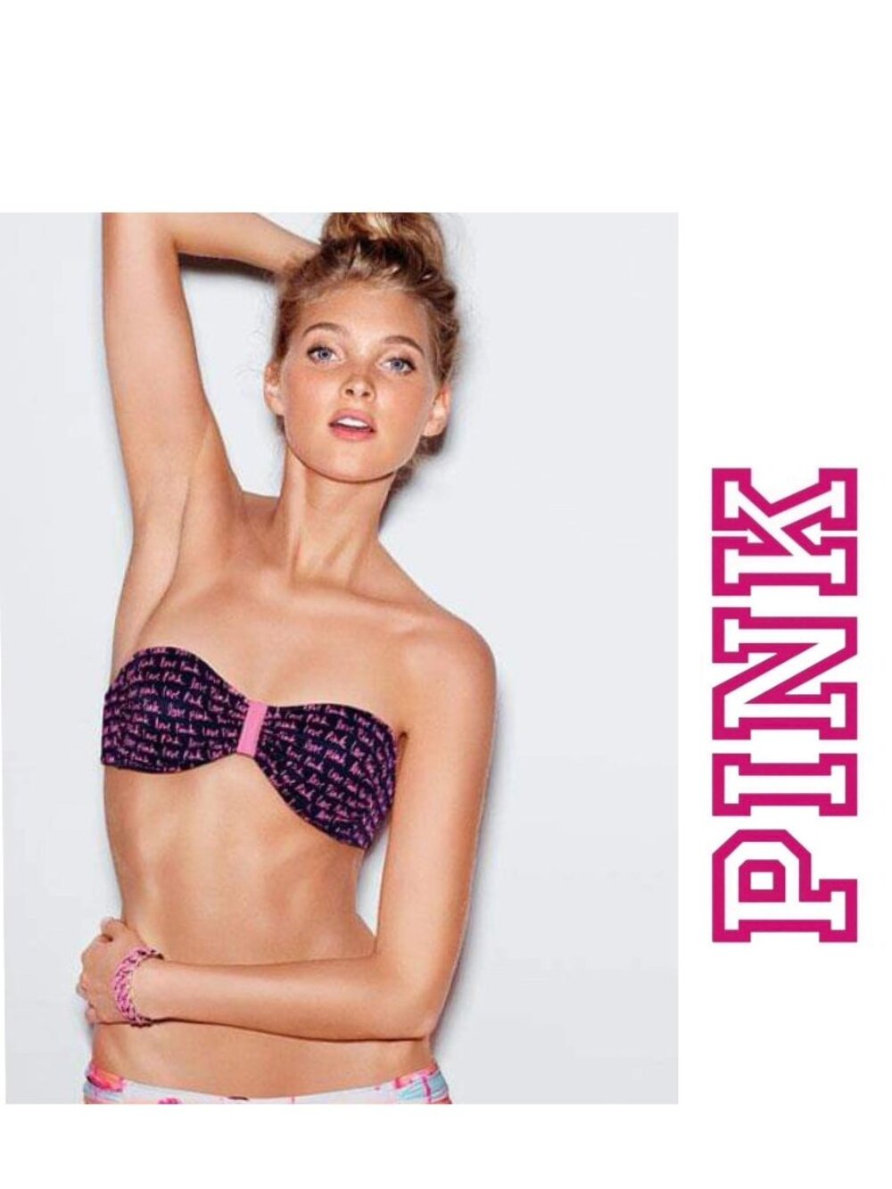 Victoria’s Secret Pink | Navy and Pink Graffiti Bandeau Bikini Top | Size Medium